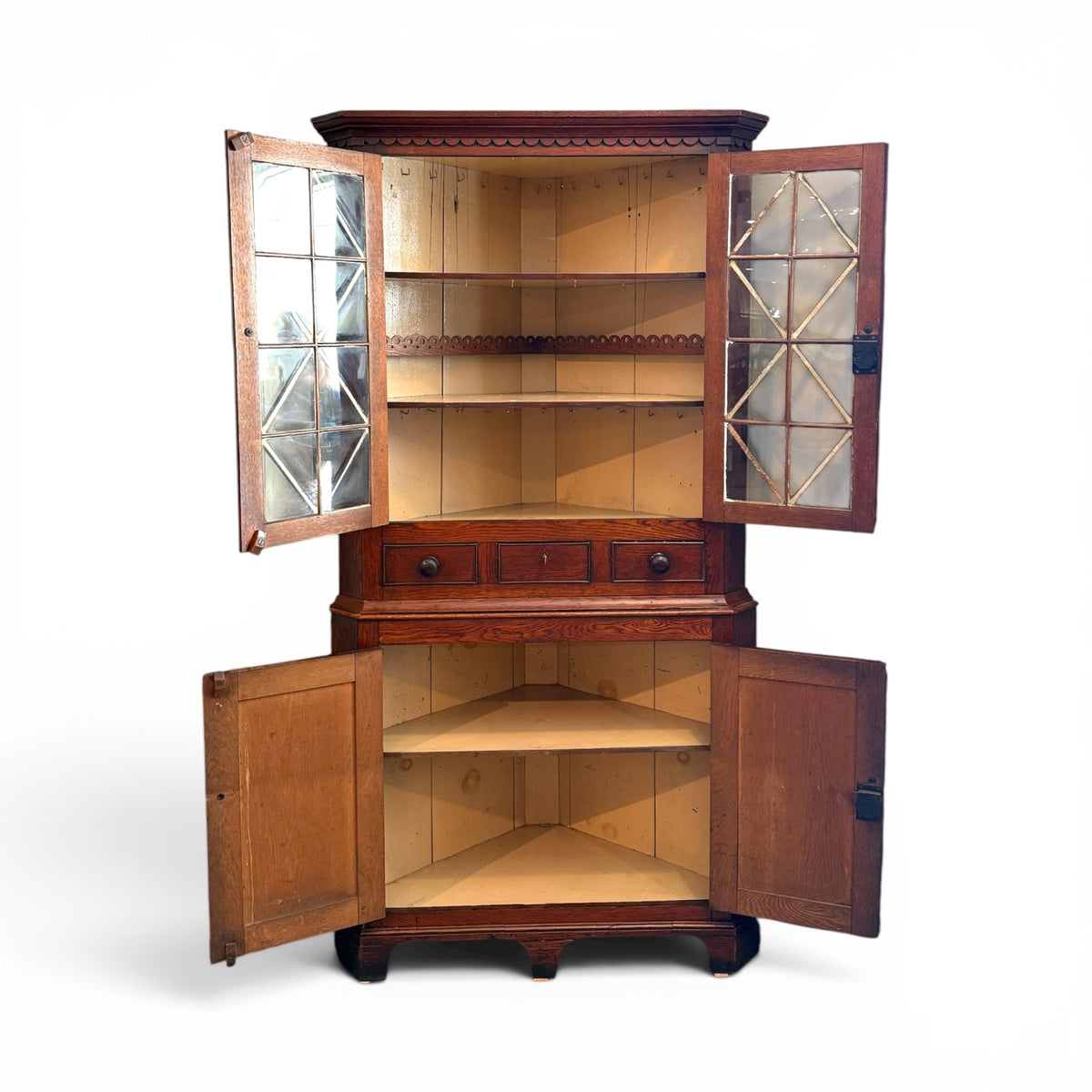Oak Corner Cupboard with Glazed Upper Cabinet