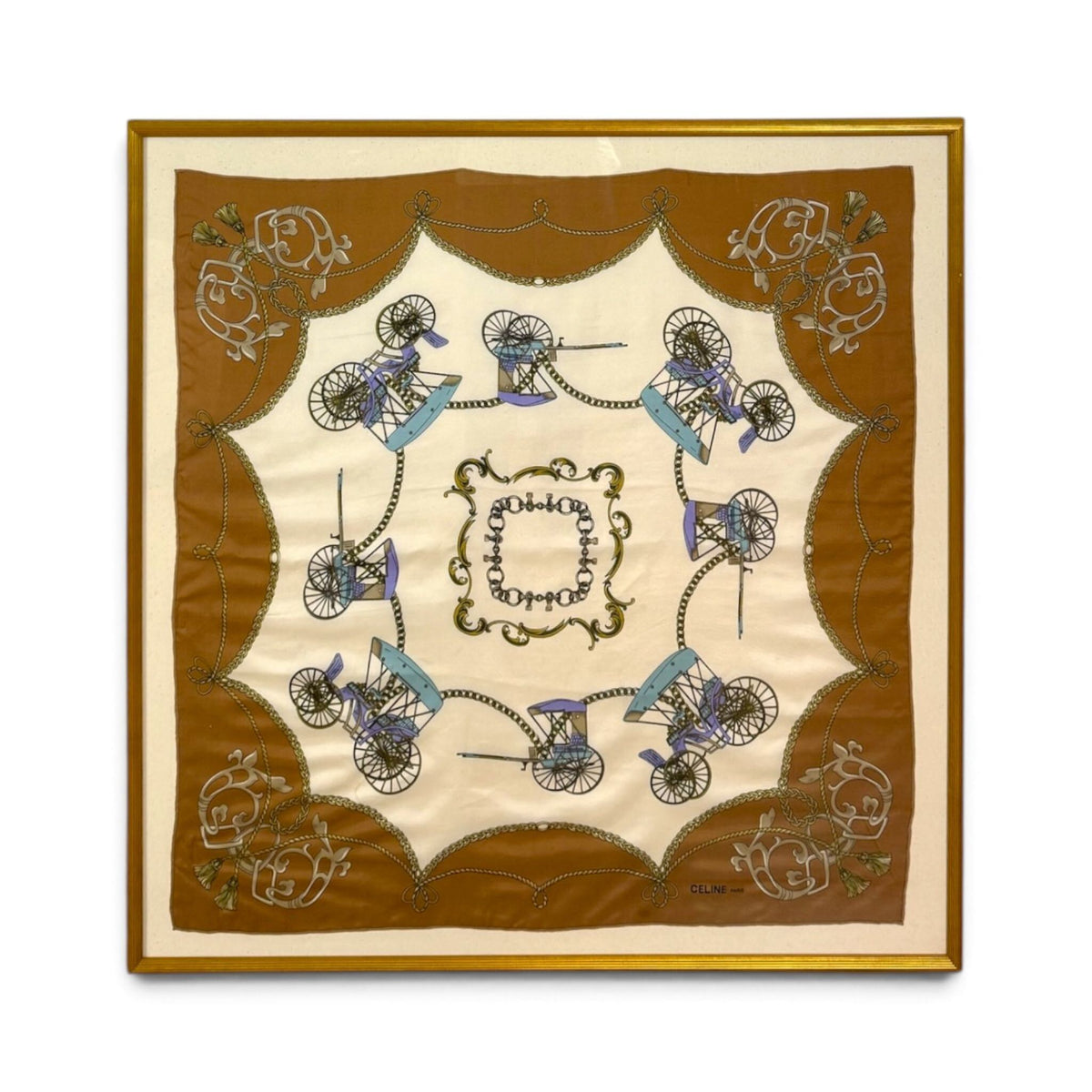 Framed Vintage Céline Paris Silk Scarf with Carriage Motif — front