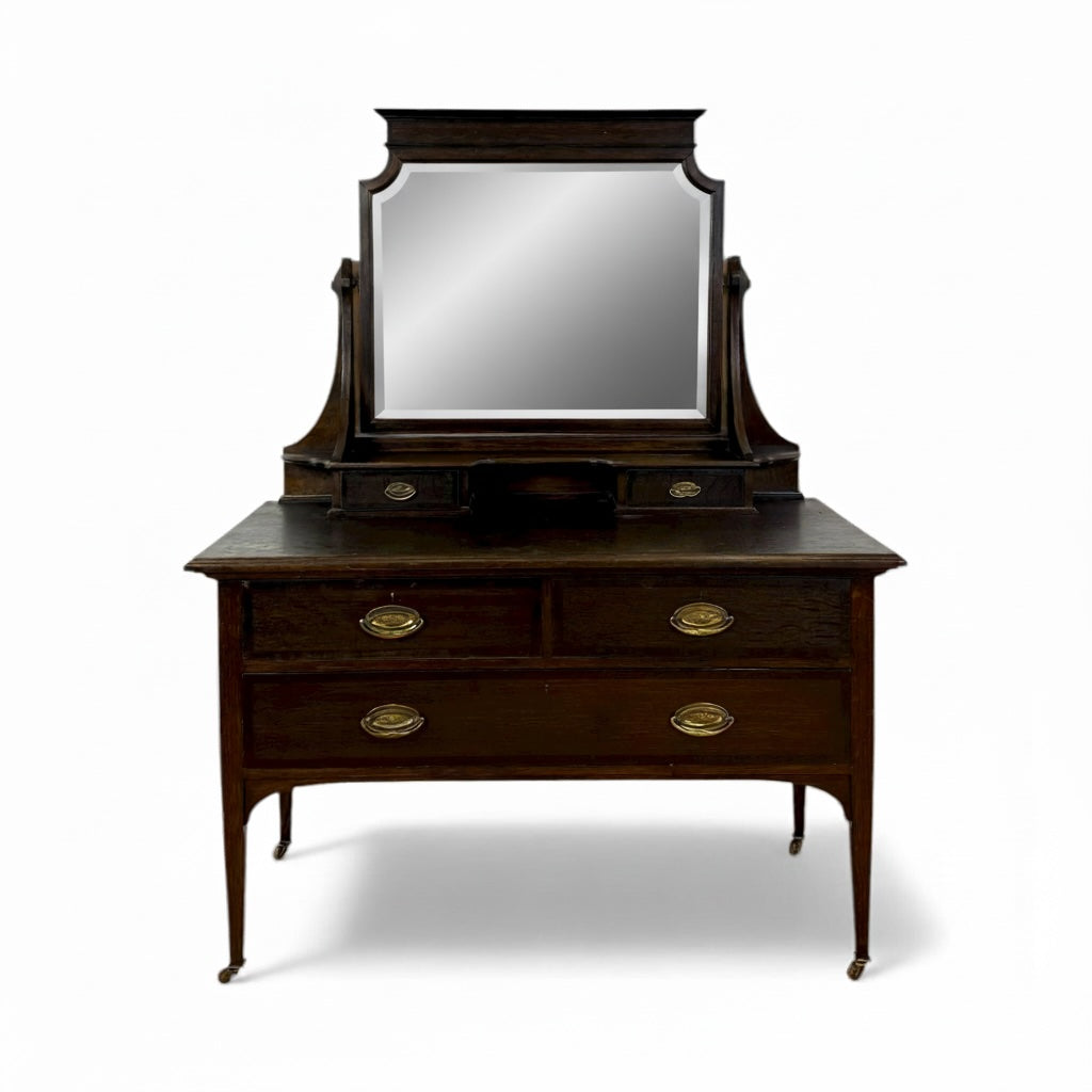 Edwardian Mahogany Dresser with Shaped Mirror and Brass Pulls