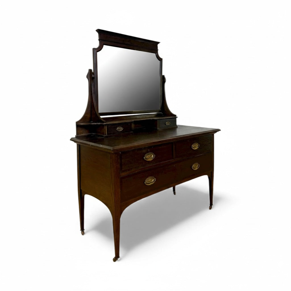 Edwardian Mahogany Dresser with Shaped Mirror and Brass Pulls