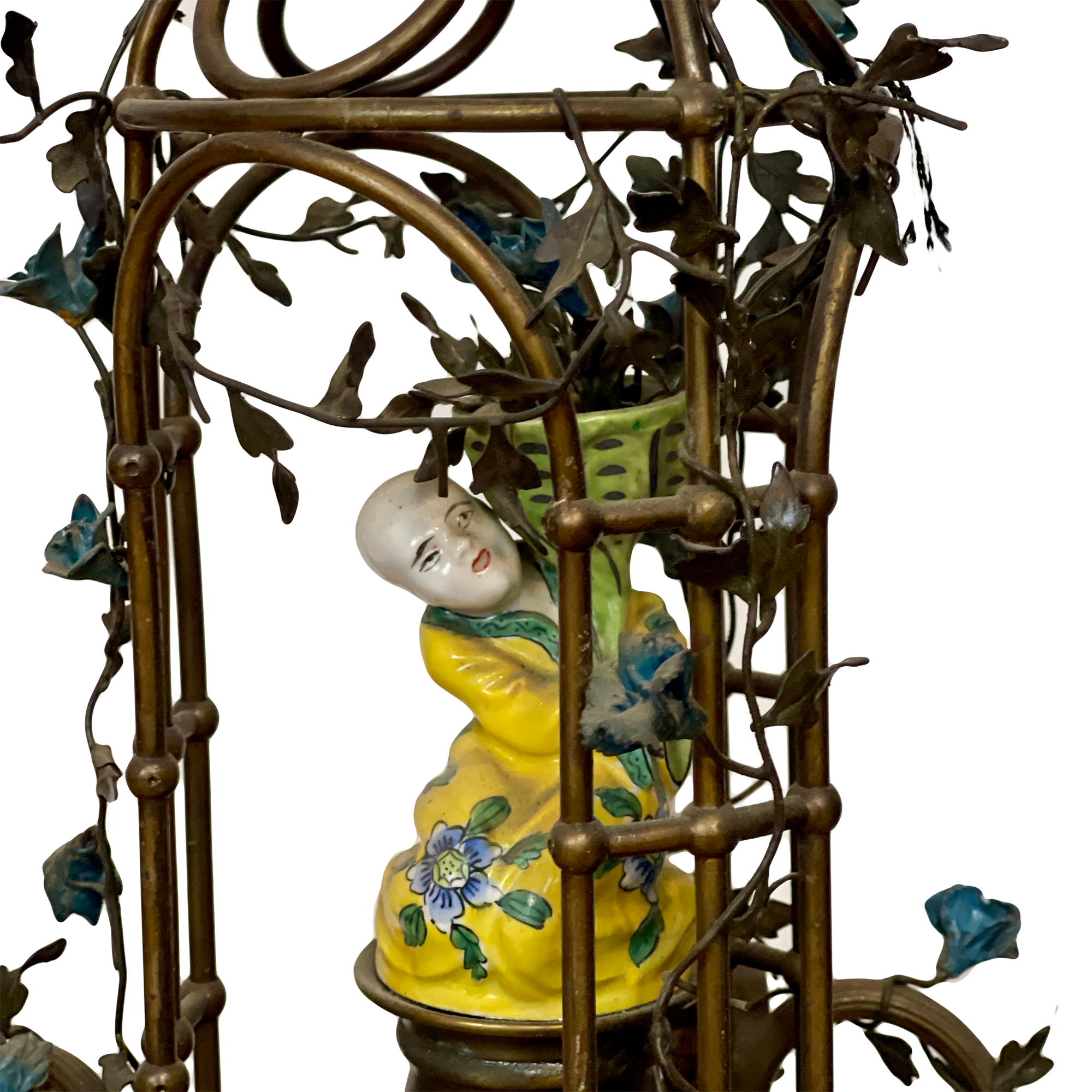 French Antique bronze and porcelain Chinoiserie chandelier