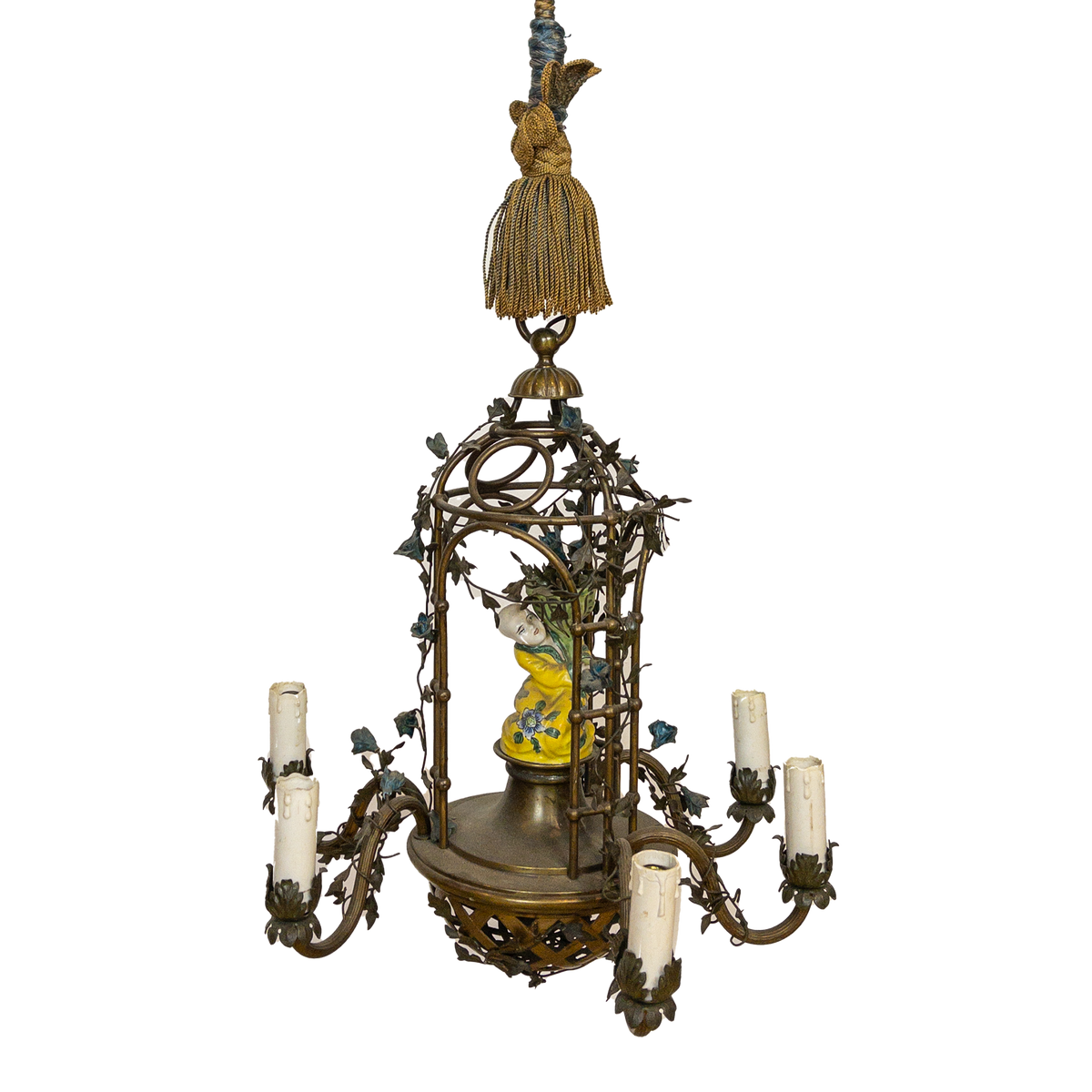 French Antique bronze and porcelain Chinoiserie chandelier